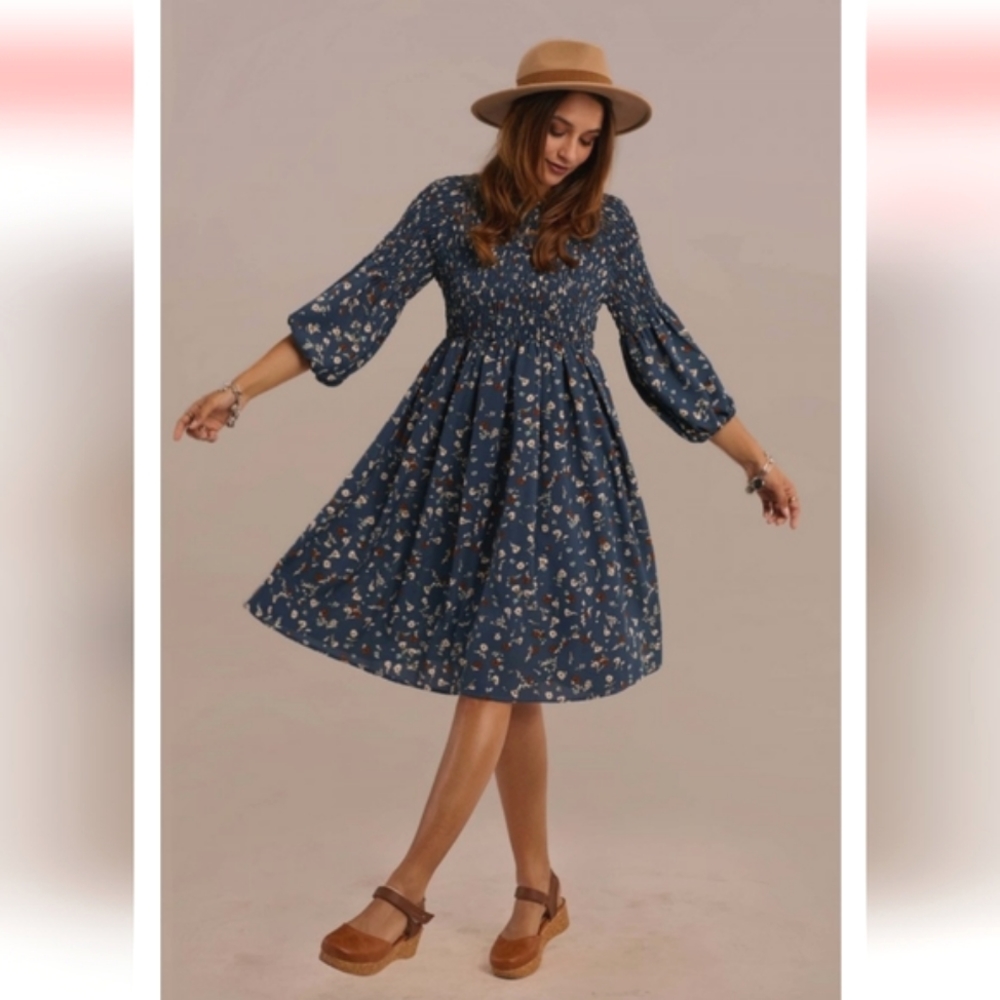 3/4 Sleeve Smocked Floral Midi Dress